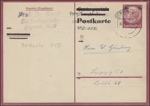 Postkarte P 244 b A Aufbrauchsausgabe von BERLIN 16.10.43 nach Leipzig
