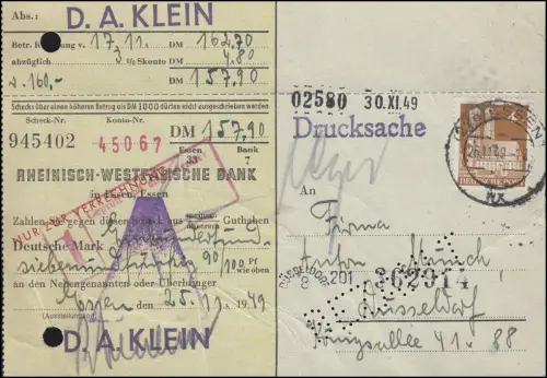 74eg Bauten 4 Pf EF auf Geldüberweisungs-Drucksache ESSEN 26.11.49