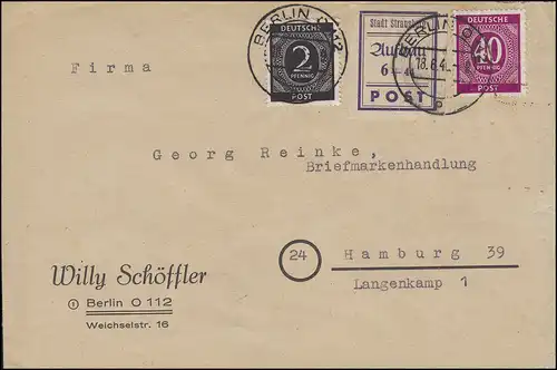 Strausberg 39 Wiederaufbau violett mit 912+929 Brief BERLIN 18.6.46