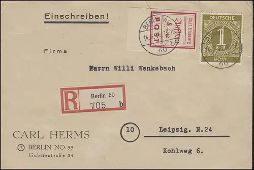 Strausberg 36B Wiederaufbau rot mit 937 auf R-Brief BERLIN 14.6.46