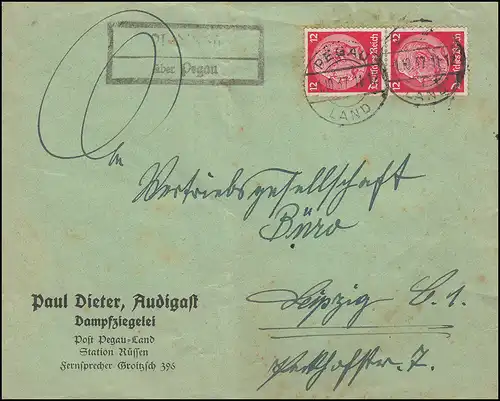 Landpost Audigast über PEGAU LAND 1.10.1937 auf Fernbrief nach Leipzig