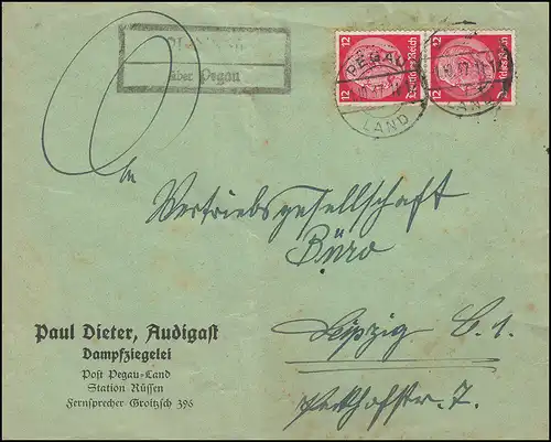 Landpost Audigast via PEGAU LAND 1.10.1937 par télex à Leipzig