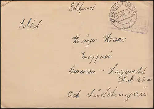 Post de campagne Amrichshausen sur Künzelsau 17.11.1941, lettre de champ après Troppau