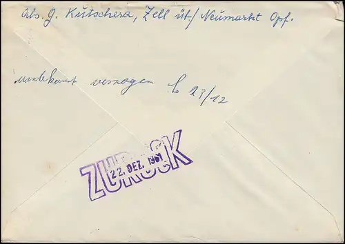 Landpost Zell sur NOUVEAU MARCHE (OBERPF) 21.12.61, télex avec EF 352x n. Nidda