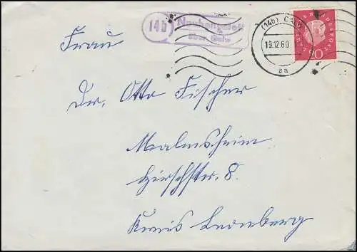 Landpost Neuhengstett über CALW 19.12.60 auf Fernbrief mit EF 304 Heuss 20 Pf.