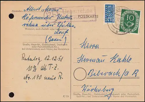 Landpost Unterrehna über PFULLENDORF, Postkarte EF 128 Posthorn nach Biberach