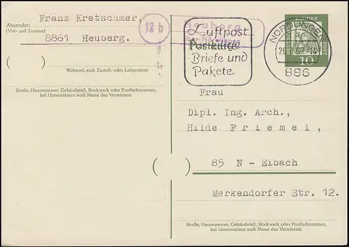 Landpost Neuberg über NÖRDLINGEN 26.3.62 auf Postkarte P 60 nach Nürnberg