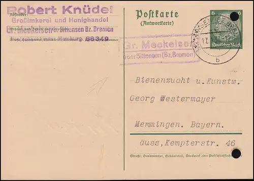Landpost Gr. Meckelsen über SITTENSEN (BZ. BREMEN) 17.1.37 auf Antwortkarte