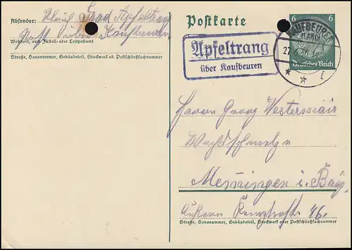 Landpost Apfeltrang über KAUFBEUREN (LAND) f - 27.6.35 auf Postkarte P 226I
