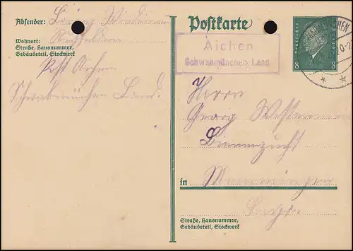 Landpost Aichen SCHWABMÜNCHEN LAND 18.5.29 auf Postkarte P 181I nach Memmingen