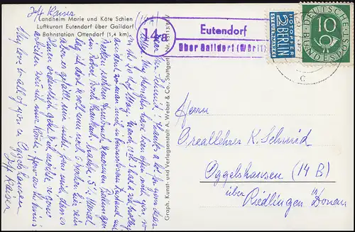 Landpost Eutendorf via GAILDORF (WÜRTT) 1.8.52 sur AK Landheim Schien