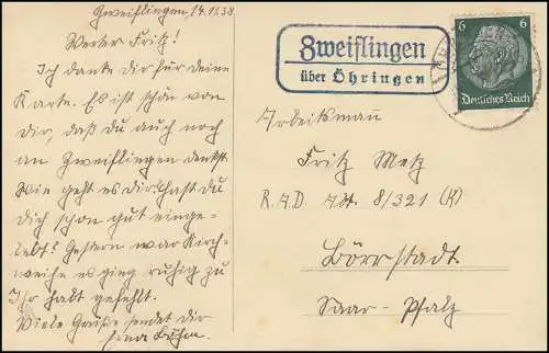 Landpost Sulflingen sur ÖHRINGEN 15.11.38 sur carte de vue couple d'amour