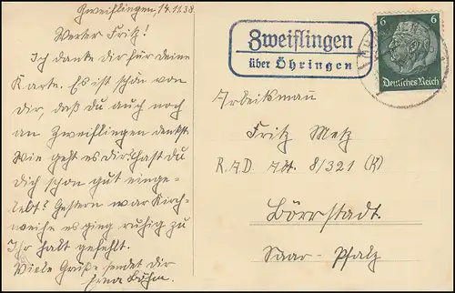 Landpost Zweiflingen über ÖHRINGEN 15.11.38 auf Ansichtskarte Liebespaar