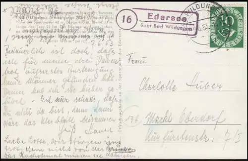 Landpost Edersee via BAD URBAN 9.6.53 sur carte de vue Edertalverblocke