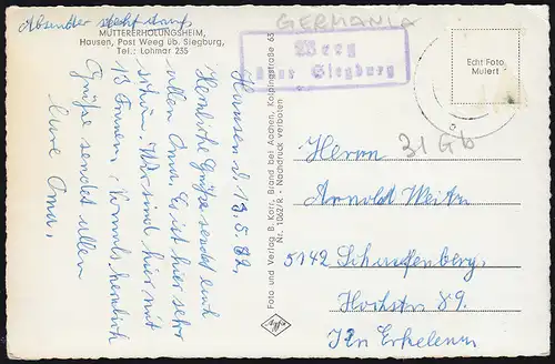Landpost Weeg über Siegburg auf AK Müttererholungsheim Hausen, gelaufen 1962