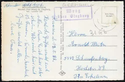 Landpost Weeg über Siegburg auf AK Müttererholungsheim Hausen, gelaufen 1962