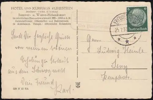 Landpost Ruhestein über FREUDENSTADT 25.7.37 auf AK Der Wildsee bei Ruhestein