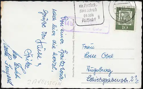 Payspost Zavelstein via CALW 7.8.61 sur AK Burgruine Zabelstein/Noirwald