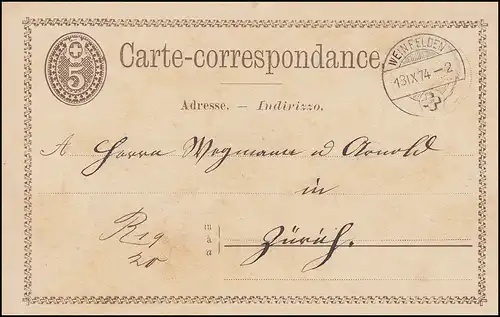 Suisse Carte postale P 5 chiffre avec blason 5 C brun WEINFELDEN 13.9.74 vers Zurich