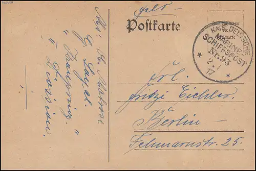 DEUTSCHE MARINE-SCHIFFSPOST No 93 - 2.1.1917 SMS Kronprinz auf Feldpostkarte