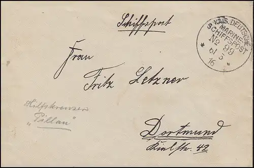 NAVIRE MARINE FRANÇAIS POST No 99 - 6.3.1916 SMS Pillau sur lettre de poste