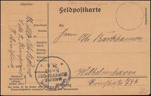 DEUTSCHE MARINE-SCHIFFSPOST No 93 - 21.6.1915 SMS Kronprinz auf Feldpostkarte