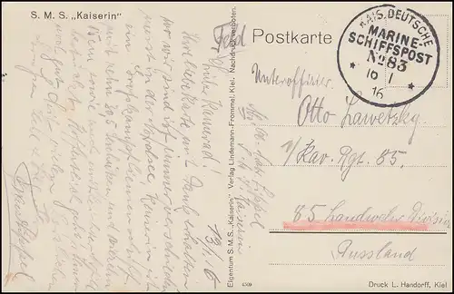 DEUTSCHE MARINE-SCHIFFSPOST No 83 - 16.1.1916 SMS Kaiserin auf passender AK