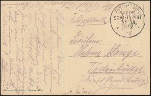 DEUTSCHE MARINE-SCHIFFSPOST No 54 - 21.2.1915 SMS Stralsund auf Feldpostkarte