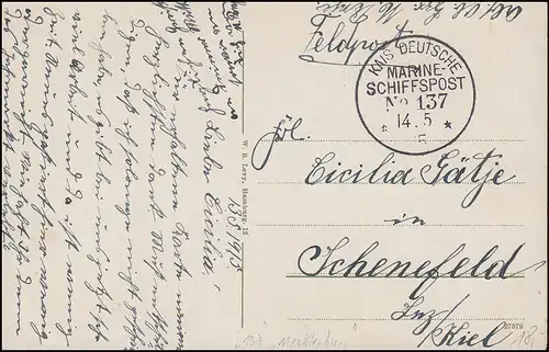 DEUTSCHE MARINE-SCHIFFSPOST No 137 - 14.5.1915 SMS Mecklenburg auf Feldpost-AK