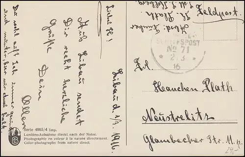 DEUTSCHE MARINE-SCHIFFSPOST No 71 - 2.4.1916 auf Feldpost-Glückwunschkarte