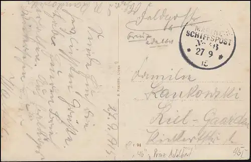 NAVIRE MARINE FRANÇAIS POST No 46 - 27.9.1915 SMS Prince Adelbert Feldpost-AK