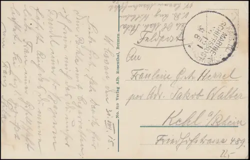 DEUTSCHE MARINE-SCHIFFSPOST No 121 - 31.8.1915 auf AK SMS Kaiserin nach Kehl/Rh.