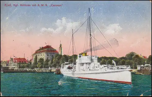 NAVIRE MARINE FRANÇAIS POST No 162 - 1.6.1915 sur AK Kiel Château avec SMS Carmen