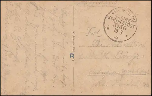 DEUTSCHE MARINE-SCHIFFSPOST No 50 - 15.2.1918 auf Feldpost-AK SMS Elsaß