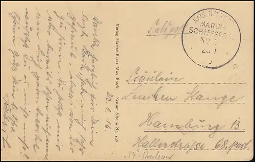 DEUTSCHE MARINE-SCHIFFSPOST No 54 - 23.1.1916 SMS Stralsund auf passender AK
