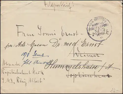 FRANÇAIS NAVIRE MARINE POST No 62 - 14.8.1915 SMS Le roi Albert sur lettre de champ