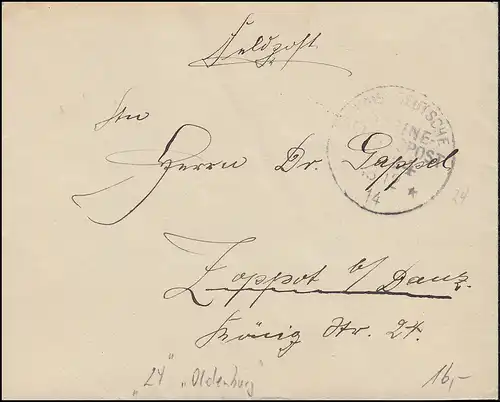 DEUTSCHE MARINE-SCHIFFSPOST No 24 - 18.12.1914 SMS Oldenburg als Feldpostbrief