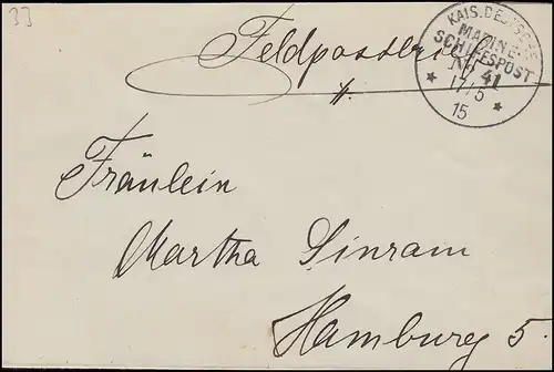 DEUTSCHE MARINE-SCHIFFSPOST No 41 - 17.5.1915 als Feldpostbrief nach Hamburg
