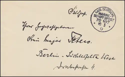 NAVIRE MARINE FRANÇAIS POST No 107 - 10.3.1917 SMS Derfflinger sur lettre de poste