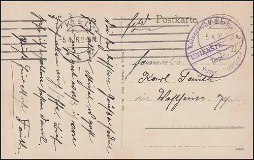 Marinefeldpost BS Tampedo-Station d'essai, timbre machine KIEL 5.4.16 sur AK