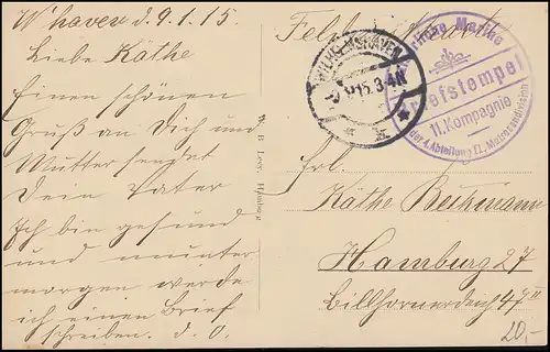 Poste de champ de la marine BS 4e division de l'IIe Division des marins, WILHELMSHAVEN 9.1.15