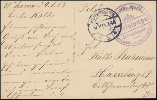 Poste de champ de la marine BS 4e division de l'IIe Division des marins, WILHELMSHAVEN 9.1.15