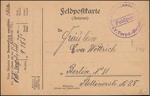 Carte de poste de Marine BS Commande de la 15e torpille demi-flottille 23.2.1915