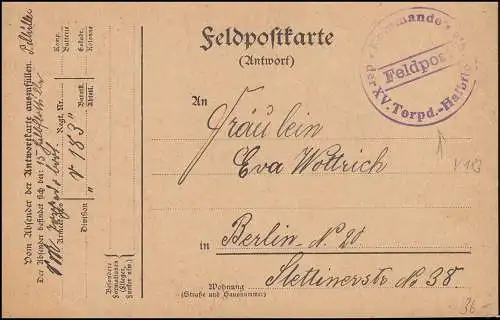 Marinefeldpost-Karte BS Kommando der XV. Torpedo-Halbflottille 23.2.1915