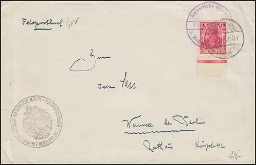 Marinefeldpost mit Frankatur BS 2. Matrosenregiment 6.7.1916 (?) nach Wannsee