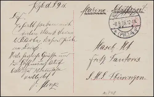 Poste navale à un marin sur SMS Thuringe, KÖNIGSBERG 8.9.1916