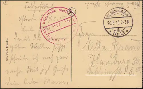 Marinefeldpost BS Kaiserl. Marines Bauwerft-Unité (?) 20.8.1915, AK Zeebrugge
