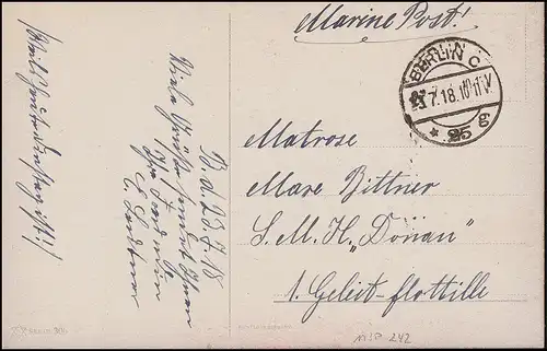 Poste de champ maritime à un marin de la Flottille guidée du Danube SMH BERLIN 23.7.1918