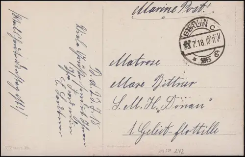 Poste de champ maritime à un marin de la Flottille guidée du Danube SMH BERLIN 23.7.1918