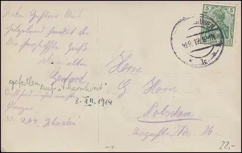 Schiffspost von der SMS Schwaben, WILHELMSHAVEN EF 8.9.1912 auf AK SMS Kaiser